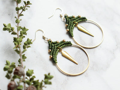 Pair of Spike hoop style macrame earrings Made with knotted waxed polyester and brass.
